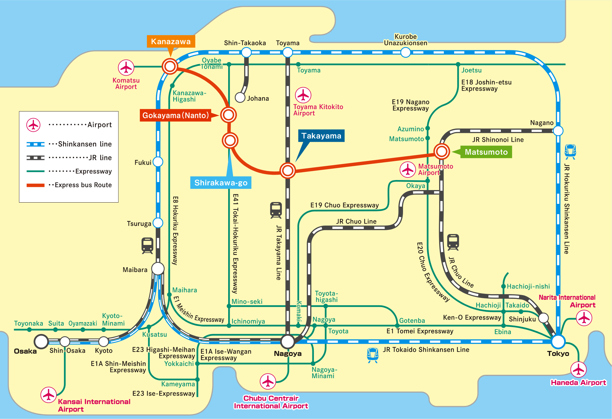 Here are the transportation options from Tokyo, Osaka, and Nagoya to Three Star Road